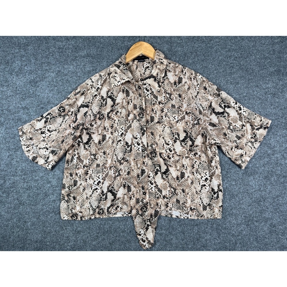 Sanctuary Boxy Blouse Womens Small Brown Black Snake Print Tie Front XB1557H9J83